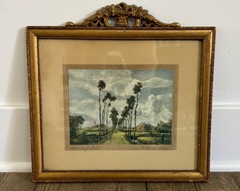 Antique gold frame with signed print, trees, nature, The Avenue at Middelharnis