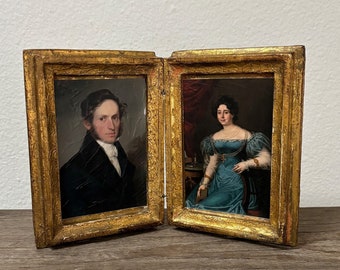 Male and Female portrait prints in vintage Italian Florentine gold double frame, reproduction