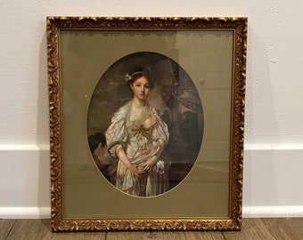 Vintage French lady print with olive green oval mat, in gold frame, "The Broken Vessel"