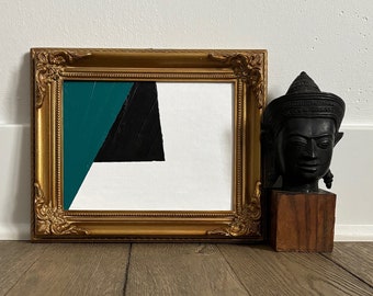 Vintage small gold wood baroque frame with new black and turquoise abstract painting, geometric