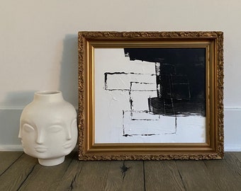 Antique gold baroque wood frame with new black and white abstract painting, neutrals