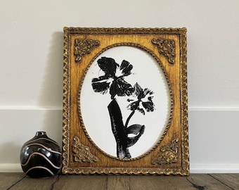 Vintage gold wood frame with new black and white flower abstract painting, neutrals, Modern Victorian