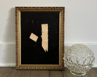 Antique gold wood frame with new black, and beige abstract painting, neutrals