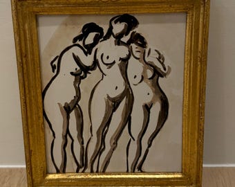 Vintage small print, nude ladies female Italian Florentine gold wood frame