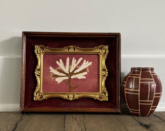 Antique small wood red and gold frame with new off white flower abstract painting, neutrals, Modern Victorian