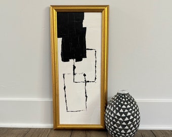 Vintage large gold wood frame with new black and white abstract painting, neutrals