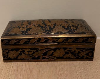 Vintage small brass and black enamel, and wood hinged box