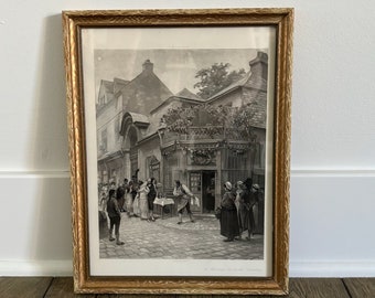 Vintage antique framed French etching, wedding, black and white