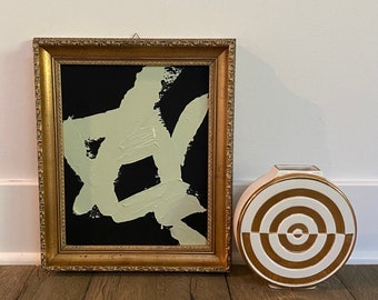 Vintage gold wood frame with new black and pale green abstract painting, neutrals