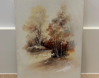 Vintage oil painting, landscape with fall autumn trees, neutrals