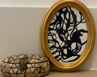 Vintage small gold oval wood frame with black ink abstract