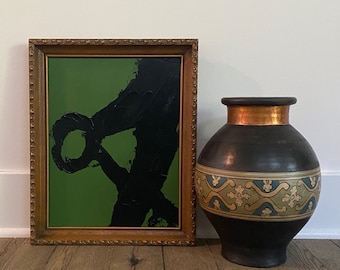 Vintage gold wood frame with new green on green abstract painting, neutrals