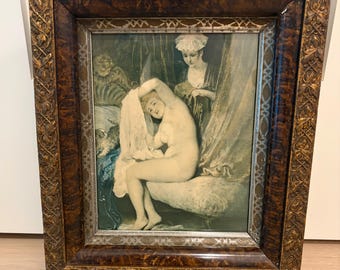 Antique framed print of nude lady and her spaniel dog