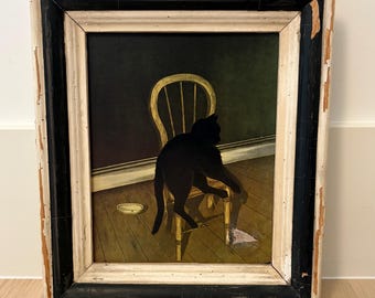 Vintage print of painting “Black Cat in Chair” in black and white chippy chunky frame
