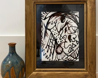 Vintage gold wood frame with brown and white abstract and brown mat