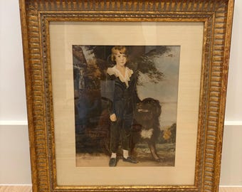 Vintage English print of young boy and his dog, gold and black frame