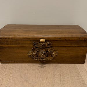 Vintage French wood hinged box with ornate brass latch hardware