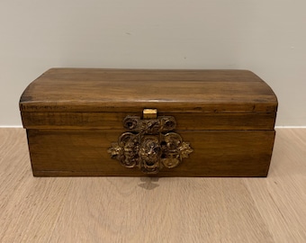 Vintage French wood hinged box with ornate brass latch hardware