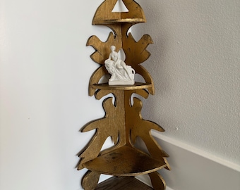 Vintage small gold wood ornate corner shelf, three ledges or tiers
