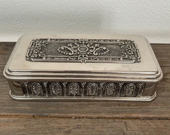 Vintage silver plate decorative jewelry box, rectangle and hinged