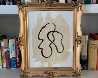 Vintage gold and black baroque frame with natural, black and white abstract painting.  Repurposed.