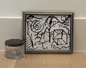 Vintage silver small wood frame with black and white abstract