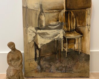 Vintage oil still life painting, chair, table, vase , neutrals