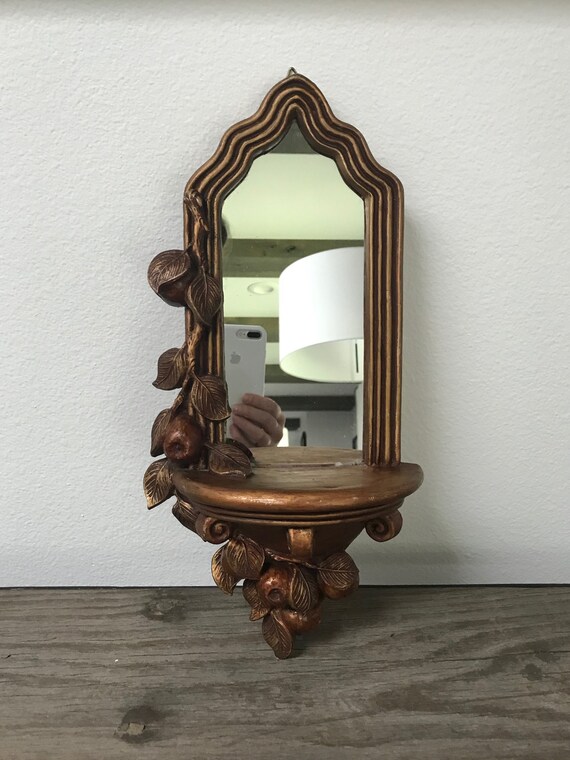 Vintage Bronze Brown Gold Small Mirror With Shelf Or Ledge Old World Fruit Apples