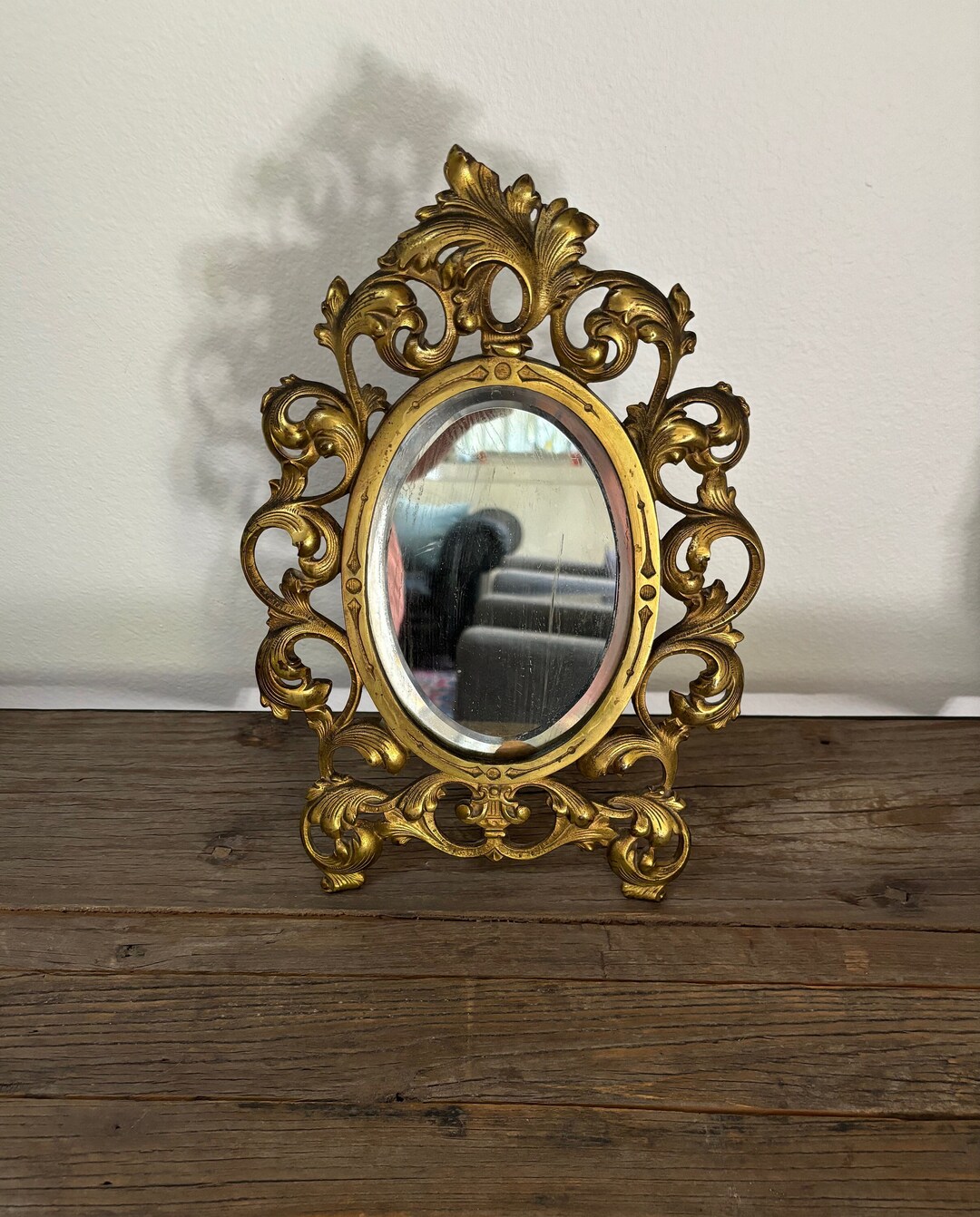 Antique Brass Tabletop Easel Oval Mirror French Etsy