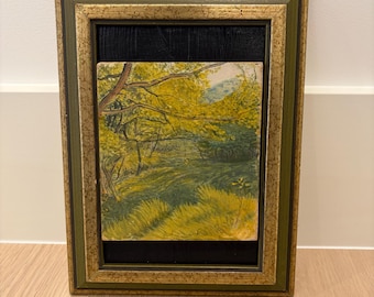 Vintage tree and meadow landscape oil painting with green and gold frame