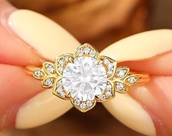 Ronde bloementrouwring, zirkoonhalo-beloftering voor dames, ring met 4 griffen;