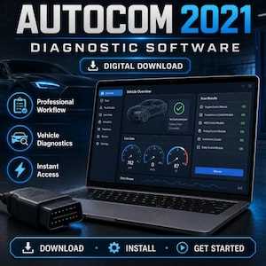 以下が含まれることがあります： 車両の概要、スキャン結果、ライブデータゲージを備えたAUTOCOM 2021診断ソフトウェアインターフェースを表示するノートパソコン。黒いOBD2診断コネクタケーブルが手前に配置されています。画面にはデジタルダウンロードのテキストが表示されています。
