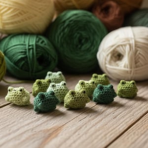 Op de afbeelding: Een verzameling kleine, gehaakte kikkerfiguurtjes in verschillende groentinten, gerangschikt op een houten oppervlak. Verschillende bollen garen in groen, crème en bruin staan op de achtergrond, wat wijst op een knutselproject of handgemaakte items.