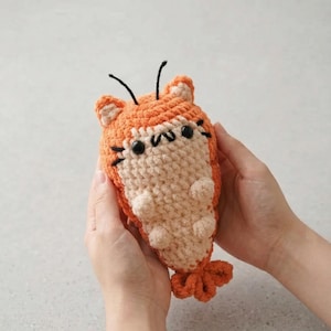 Crochet Fried Shrimp Cat, Amigurumi Tempura Plush, Kawaii Food Animal, Soft Stuffed Toy, Handmade Gift for Her, Cute Cat Lover Gift