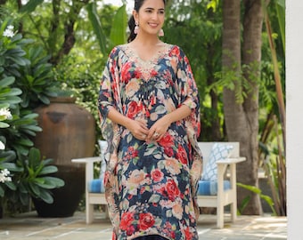 Embroidered Floral Silk Kaftan Set Dress Blue Indian Boho Loungewear Kaftan With Purse