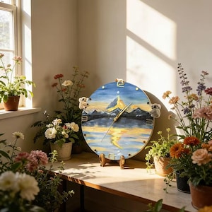 Op de afbeelding: Een ronde houten klok met een geschilderde landschapsvoorstelling van bergen en water. De klok heeft goudkleurige wijzers en wordt ondersteund door een houten standaard. Twee koala-berenfiguren zijn aan de wijzerplaat bevestigd.