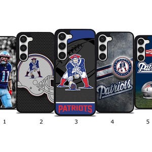 May include: Five rectangular phone cases featuring New England Patriots designs. Designs include a player in uniform, a helmet graphic, a mascot illustration, a team logo with the word Patriots, and a helmet on a field with the team name.