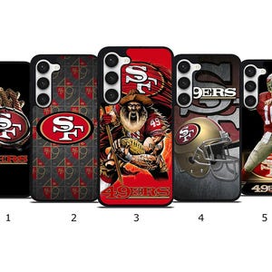 May include: A collection of five phone cases featuring the San Francisco 49ers logo and imagery. Designs include the team logo, a football player, and a graphic of a bearded man with a football. The cases are in red, black, and gold.