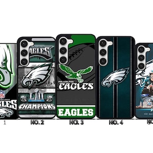 May include: A collection of five phone cases featuring the Philadelphia Eagles logo and team colors. Designs include the team's eagle head, the NFL logo, and the words "Eagles" and "Champions". The cases are black, green, and white.