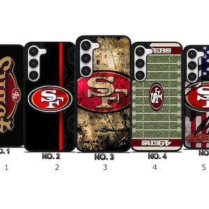 May include: A collection of five phone cases featuring the San Francisco 49ers logo and team colors. Designs include the team name, logo, a football field, and an American flag-inspired pattern. Each case has a different design.