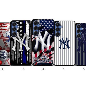 May include: A collection of five phone cases featuring the New York Yankees logo and baseball-themed designs. The cases display the team's logo in various styles, including a baseball, American flag, and pinstripes. Each case has a black border and a camera cutout.