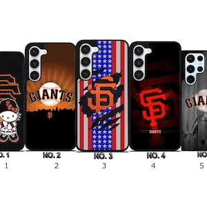 May include: A collection of five phone cases featuring the San Francisco Giants baseball team logo and imagery. Designs include the team logo, a baseball, and a Hello Kitty character in a Giants uniform. Each case has a different design and color scheme.
