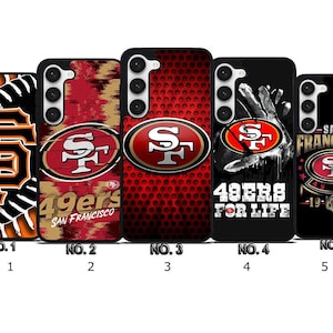 May include: A collection of five smartphone cases featuring the San Francisco 49ers logo and team colors. Designs include the team logo, the words "49ers", and the phrase "49ers for life". The cases are black, red, and gold.