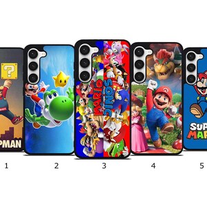 May include: Five black phone cases with vibrant designs of video game characters. The cases feature characters from Super Mario, Sonic, and other popular games. Each case has a unique design, including Mario, Yoshi, and Bowser.