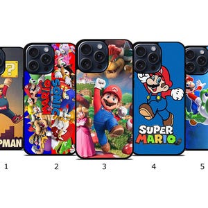May include: Five phone cases featuring colorful designs of video game characters. The cases showcase characters like Mario, Sonic, and Yoshi. Each case has a black border and a unique graphic.