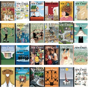 Może przedstawiać: Kolekcja r&oacute;żnych okładek magazynu The New Yorker. Okładki zawierają r&oacute;żnorodne ilustracje, w tym ludzi, krajobrazy i abstrakcyjne wzory. Magazyny są wyświetlane w formacie siatki.