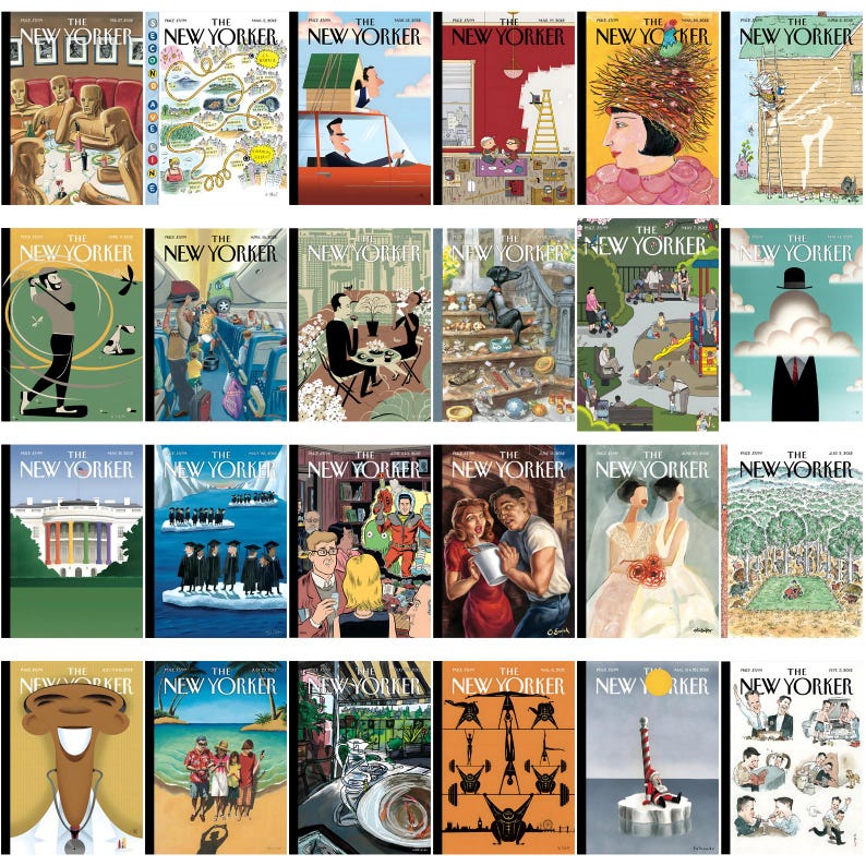 Może przedstawiać: Kolekcja r&oacute;żnych okładek magazynu The New Yorker. Okładki zawierają r&oacute;żnorodne ilustracje, w tym ludzi, krajobrazy i abstrakcyjne wzory. Magazyny są wyświetlane w formacie siatki.