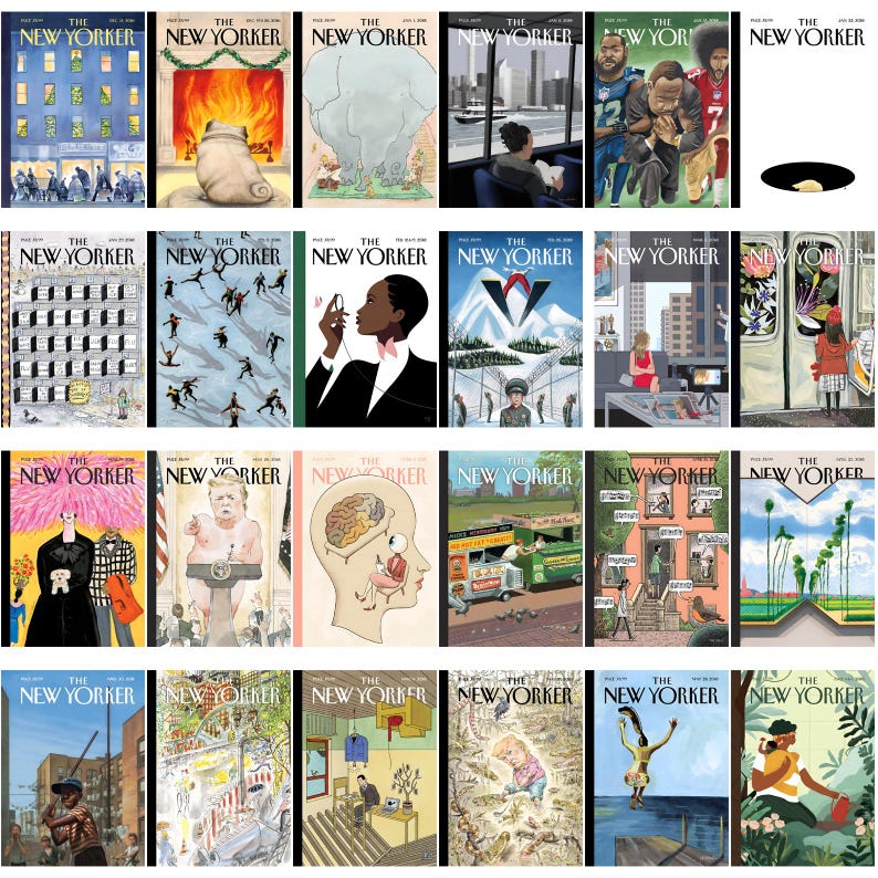 Może przedstawiać: Kolekcja r&oacute;żnych okładek magazynu "The New Yorker". Okładki przedstawiają r&oacute;żnorodne ilustracje, w tym pejzaże miejskie, portrety i abstrakcyjne wzory. Paleta kolor&oacute;w jest zr&oacute;żnicowana, niekt&oacute;re okładki prezentują żywe kolory, a inne bardziej stonowane.