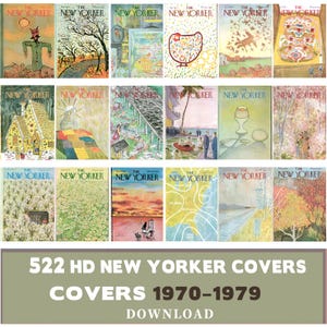Può includere: Una collezione di copertine della rivista "The New Yorker" degli anni '70, con varie illustrazioni. Le copertine presentano diverse scene, tra cui paesaggi, nature morte e disegni astratti. L'immagine include anche il testo "522 HD New Yorker Covers Covers 1970-1979 Download."