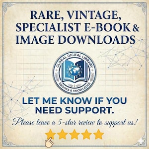 Może przedstawiać: Kremowa reklama pobierania cyfrowego z niebieskim tekstem. Tekst brzmi "RARE, VINTAGE, SPECIALIST E-BOOK & IMAGE DOWNLOADS". Okrągłe logo z globusem i książką znajduje się na środku. Tekst "LET ME KNOW IF YOU NEED SUPPORT" znajduje się poniżej.